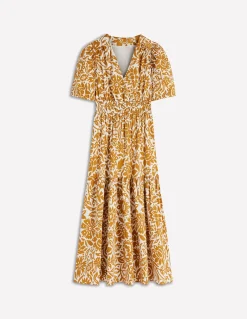 Boden Robes & Combinaisons|Midi-Robe Irene à manches bouffantes Blé doré, motif Meadow Scatter