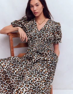 Boden Robes & Combinaisons|Midi-Robe Irene à manches bouffantes Lait d’amande, motif Cheetah Pop