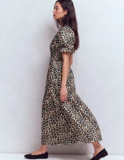 Boden Robes & Combinaisons|Midi-Robe Irene à manches bouffantes Lait d’amande, motif Cheetah Pop