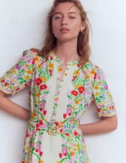 Boden Robes & Combinaisons|Robes Coupe Petite-Robe Kate à ceinture et manches bouffantes Motif Garden ivoire placé