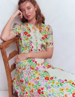 Boden Robes & Combinaisons|Robes Coupe Petite-Robe Kate à ceinture et manches bouffantes Motif Garden ivoire placé