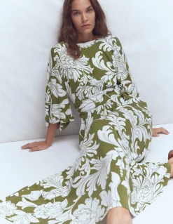 Boden Robes & Combinaisons|Midi-Robe kimono Imelda en jersey Olive, motif Botanical Flourish Mono