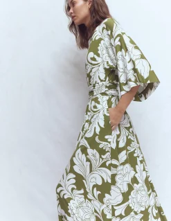 Boden Robes & Combinaisons|Midi-Robe kimono Imelda en jersey Olive, motif Botanical Flourish Mono