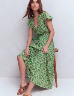 Boden Robes & Combinaisons|Longues-Robe longue Tala en jersey à volants Pistache, motif Ornamental Stamp