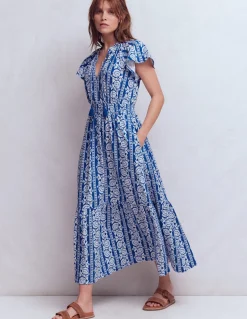 Boden Robes & Combinaisons|Longues-Robe longue Tala en jersey à volants Bleu vif, motif Ornate Floret