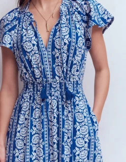 Boden Robes & Combinaisons|Longues-Robe longue Tala en jersey à volants Bleu vif, motif Ornate Floret