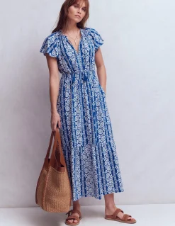 Boden Robes & Combinaisons|Longues-Robe longue Tala en jersey à volants Bleu vif, motif Ornate Floret