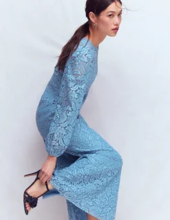 Boden Robes & Combinaisons|Longues-Robe midi à col rond en dentelle Bleu