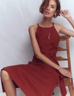 Boden Robes & Combinaisons|Midi-Robe midi à encolure américaine Rosa en lin Orange brûlé