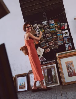 Boden Robes & Combinaisons|Midi-Robe midi à encolure américaine Rosa en lin Orange brûlé