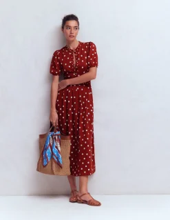 Boden Robes & Combinaisons|Midi-Robe midi Amber plissée en jersey Orange brûlé, pois peints