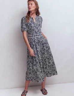 Boden Robes & Combinaisons|Midi-Robe midi Amber plissée en jersey Bleu marine foncé, motif floral