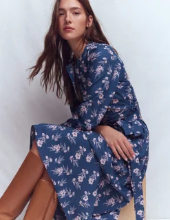 Boden Robes & Combinaisons|Midi-Robe midi Ava en coton Bleu jean, motif Blossomy Sprig