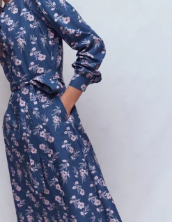Boden Robes & Combinaisons|Midi-Robe midi Ava en coton Bleu jean, motif Blossomy Sprig