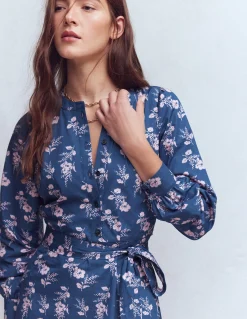 Boden Robes & Combinaisons|Midi-Robe midi Ava en coton Bleu jean, motif Blossomy Sprig