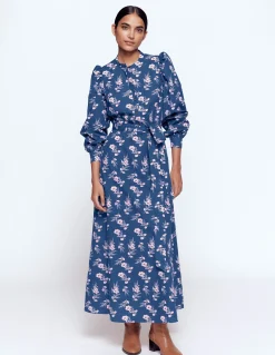 Boden Robes & Combinaisons|Midi-Robe midi Ava en coton Bleu jean, motif Blossomy Sprig