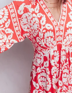 Boden Robes & Combinaisons|Midi-Robe midi Nell façon kimono en jersey Cerise vif, motif Ornate Floret