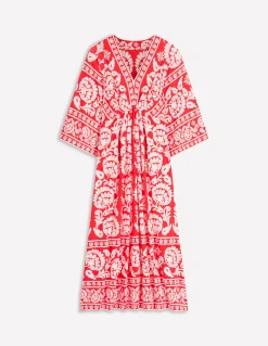 Boden Robes & Combinaisons|Midi-Robe midi Nell façon kimono en jersey Cerise vif, motif Ornate Floret
