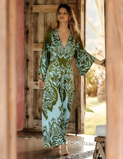 Boden Robes & Combinaisons|Midi-Robe midi Nell façon kimono en jersey Olive, motif Ornamental Garden
