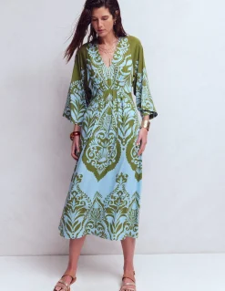 Boden Robes & Combinaisons|Midi-Robe midi Nell façon kimono en jersey Olive, motif Ornamental Garden