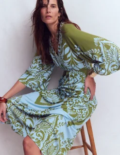 Boden Robes & Combinaisons|Midi-Robe midi Nell façon kimono en jersey Olive, motif Ornamental Garden