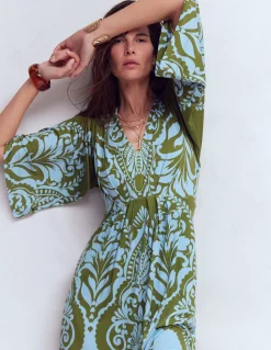 Boden Robes & Combinaisons|Midi-Robe midi Nell façon kimono en jersey Olive, motif Ornamental Garden