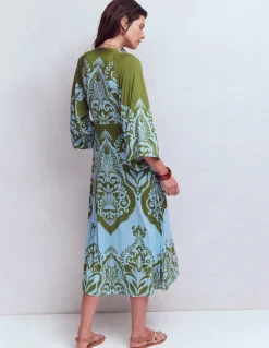 Boden Robes & Combinaisons|Midi-Robe midi Nell façon kimono en jersey Olive, motif Ornamental Garden