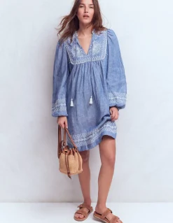 Boden Robes & Combinaisons|Robes Coupe Petite-Robe Pia en lin avec empiècement à pampilles Broderie chambray