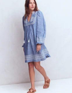 Boden Robes & Combinaisons|Robes Coupe Petite-Robe Pia en lin avec empiècement à pampilles Broderie chambray