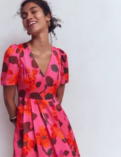 Boden Robes & Combinaisons|Longues-Robe plissée en soie à col V Motif floral rose