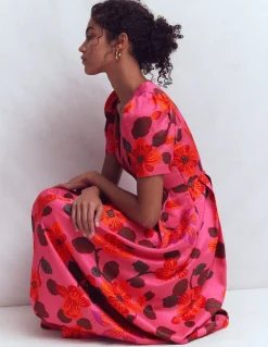 Boden Robes & Combinaisons|Longues-Robe plissée en soie à col V Motif floral rose