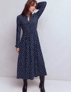 Boden Robes & Combinaisons|Midi-Robe-chemise à smocks en jersey Bleu marine foncé, pois peints