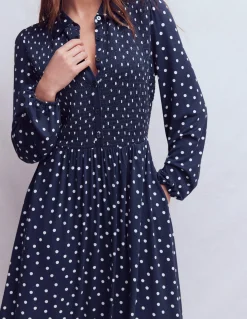 Boden Robes & Combinaisons|Midi-Robe-chemise à smocks en jersey Bleu marine foncé, pois peints