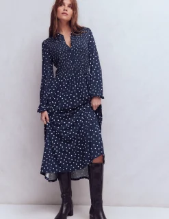 Boden Robes & Combinaisons|Midi-Robe-chemise à smocks en jersey Bleu marine foncé, pois peints