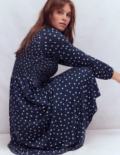 Boden Robes & Combinaisons|Midi-Robe-chemise à smocks en jersey Bleu marine foncé, pois peints
