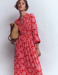 Boden Robes & Combinaisons|Midi-Robe-chemise à smocks en jersey Rouge Merida, motif Decorative Blossom