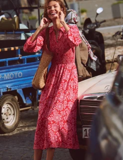 Boden Robes & Combinaisons|Midi-Robe-chemise à smocks en jersey Rouge Merida, motif Decorative Blossom