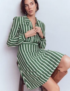 Boden Tenues De Travail|Robes & Combinaisons-Robe-chemise courte en jersey Orla Vert chasseur, rayé ivoire