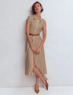 Boden Tenues De Travail|Robes & Combinaisons-Robe-chemise Marcia en jersey Cognac, rayé ivoire