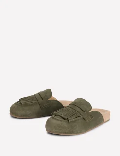 Boden Chaussures Plates-Sabots Etta façon mules avec franges Vert olive profond