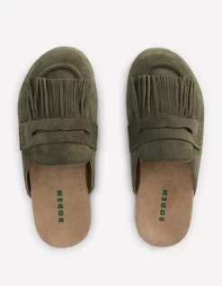 Boden Chaussures Plates-Sabots Etta façon mules avec franges Vert olive profond