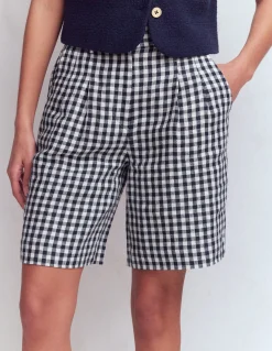 Boden Tenues De Travail|Shorts-Short Kensington en lin Vichy bleu marine et ivoire