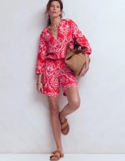 Boden Shorts-Short Kensington en lin Rouge, motif Ornamental Garden