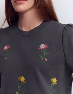 Boden Tops & T-Shirts-Sweat brodé à manches bouffantes Broderie florale au point de croix