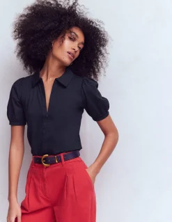 Boden Tenues De Travail|Tops & T-Shirts-Top à manches courtes et col zippé Bleu marine