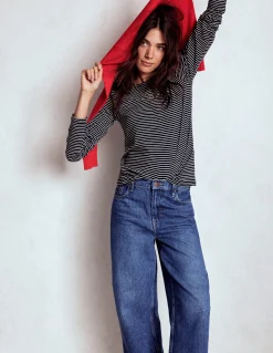 Boden Tops & T-Shirts-Top à manches longues et col rond en coton Bleu marine, rayé ivoire