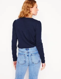 Boden Tops & T-Shirts-Top à manches longues et col rond en coton Bleu Marine, Petits Pois