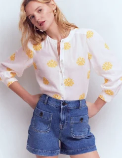 Boden Chemises & Blouses|Tops & T-Shirts-Top Alicia en lin Blanc, broderie florale