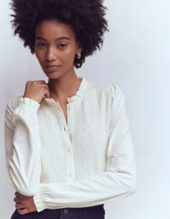 Boden Tenues De Travail|Tops & T-Shirts-Top boutonné ultra-doux à smocks Ivoire