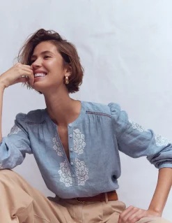 Boden Chemises & Blouses|Tops & T-Shirts-Top brodé à détail Chambray, broderie ivoire